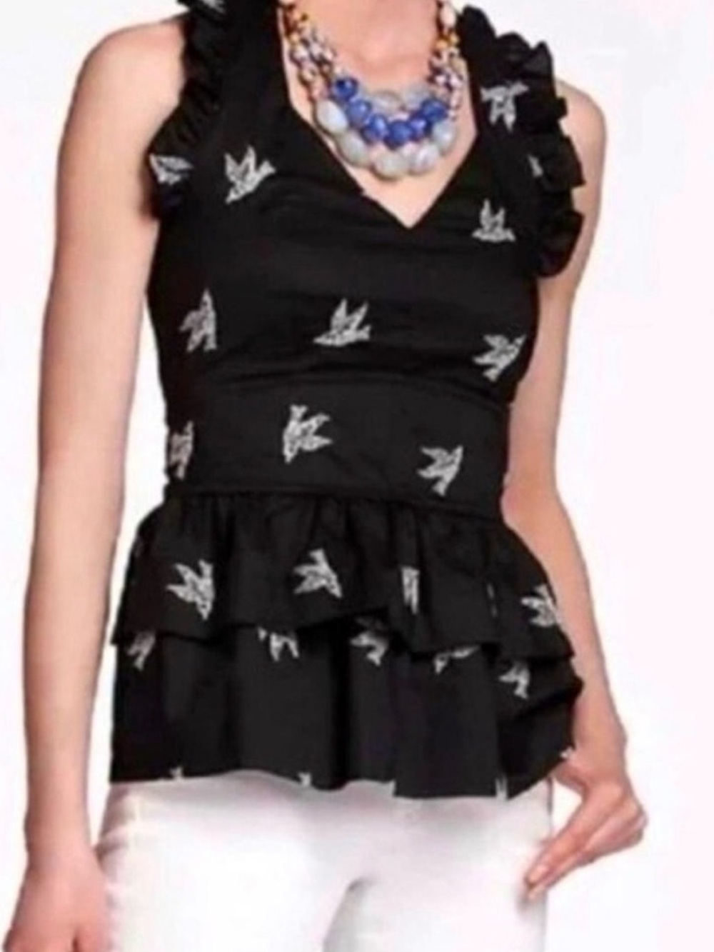 Black Ruffle Peplum Tank Top with Bird Print - Anthropologie new 8